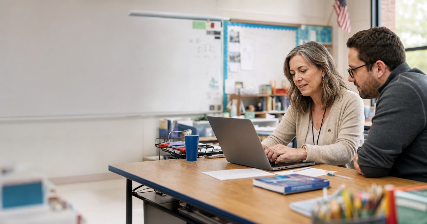 Two educators reviewing classroom work on a laptop in a school setting