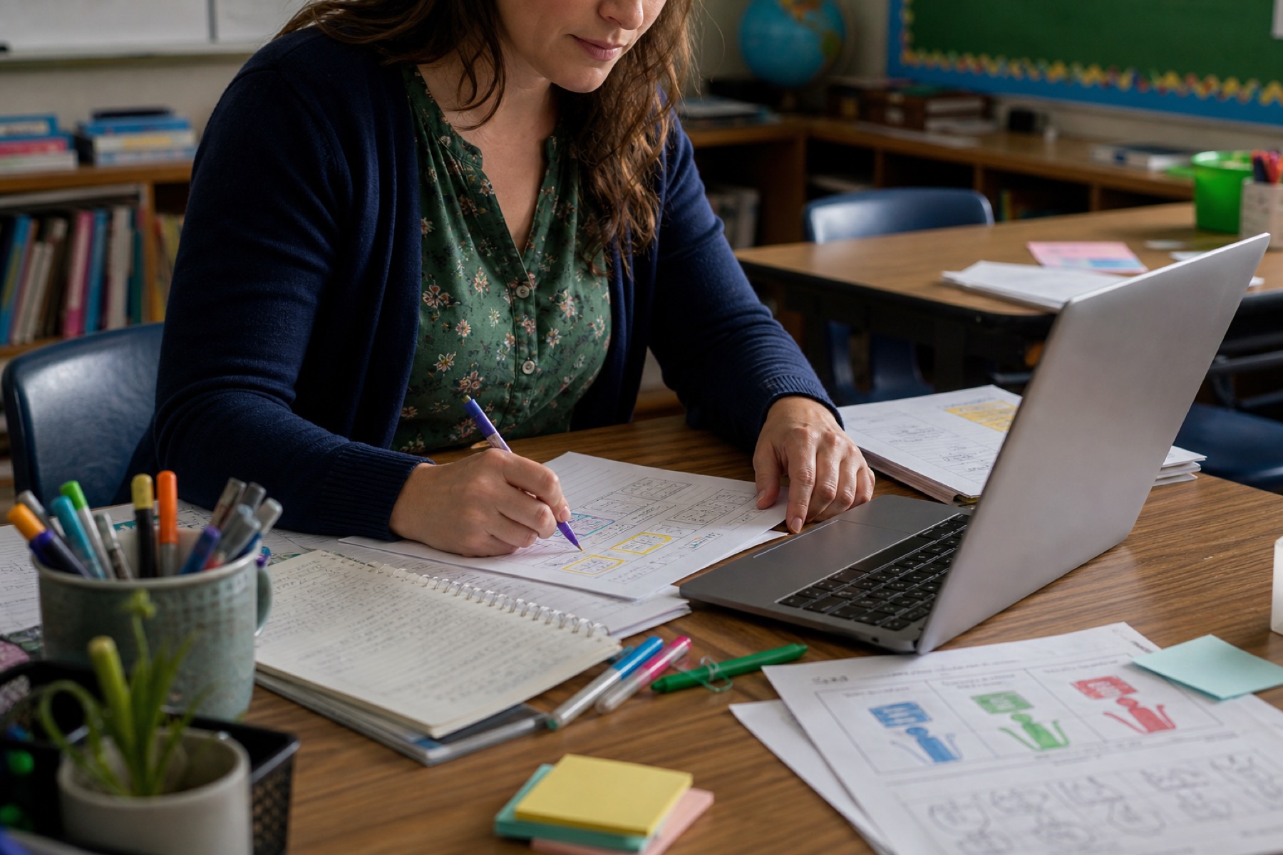 Teacher preparing lesson materials beside a laptop